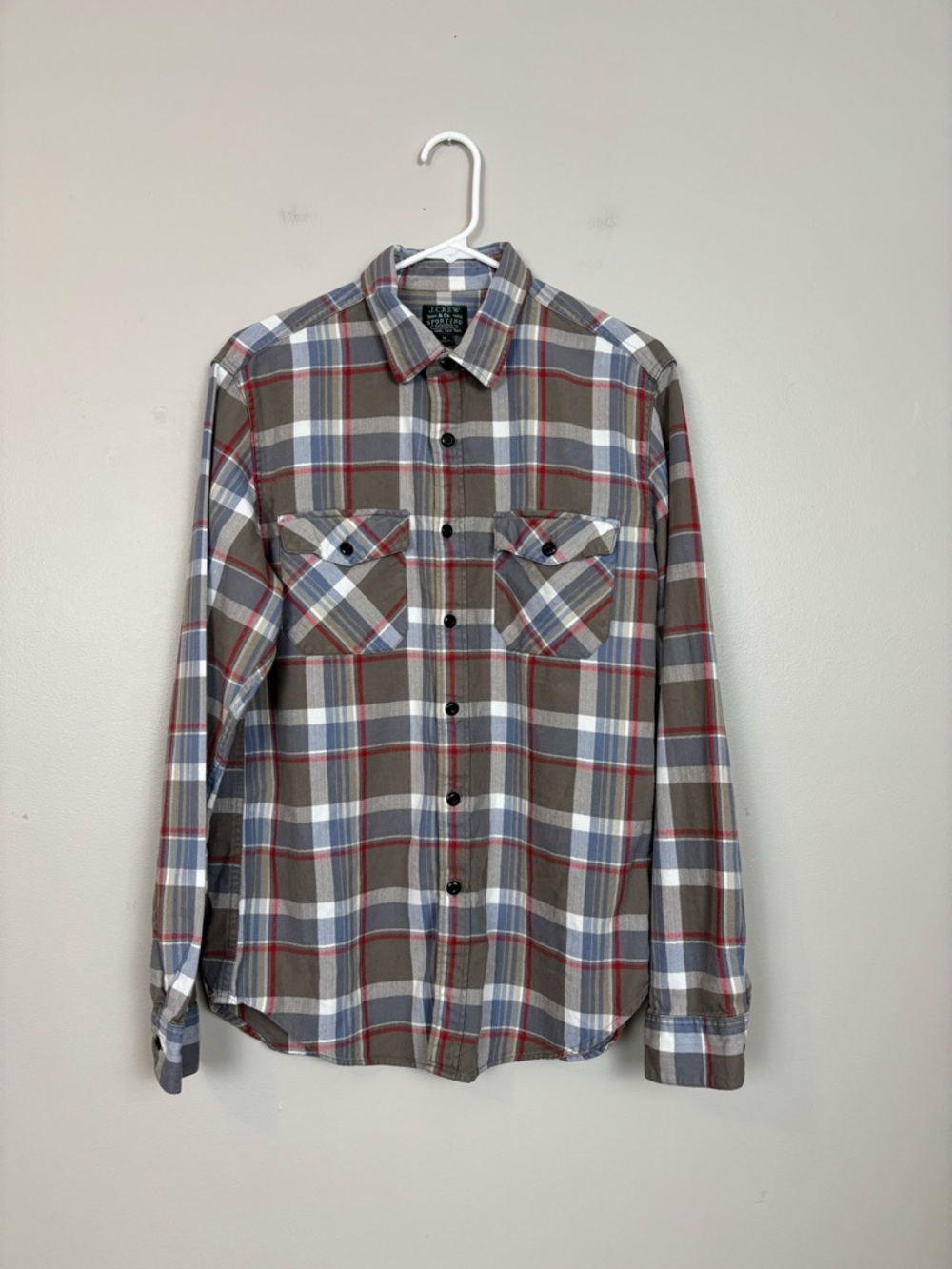 J Crew Shirt Mens Med Wet Gravel Gray Herringbone Plaid Flannel Sporting Button